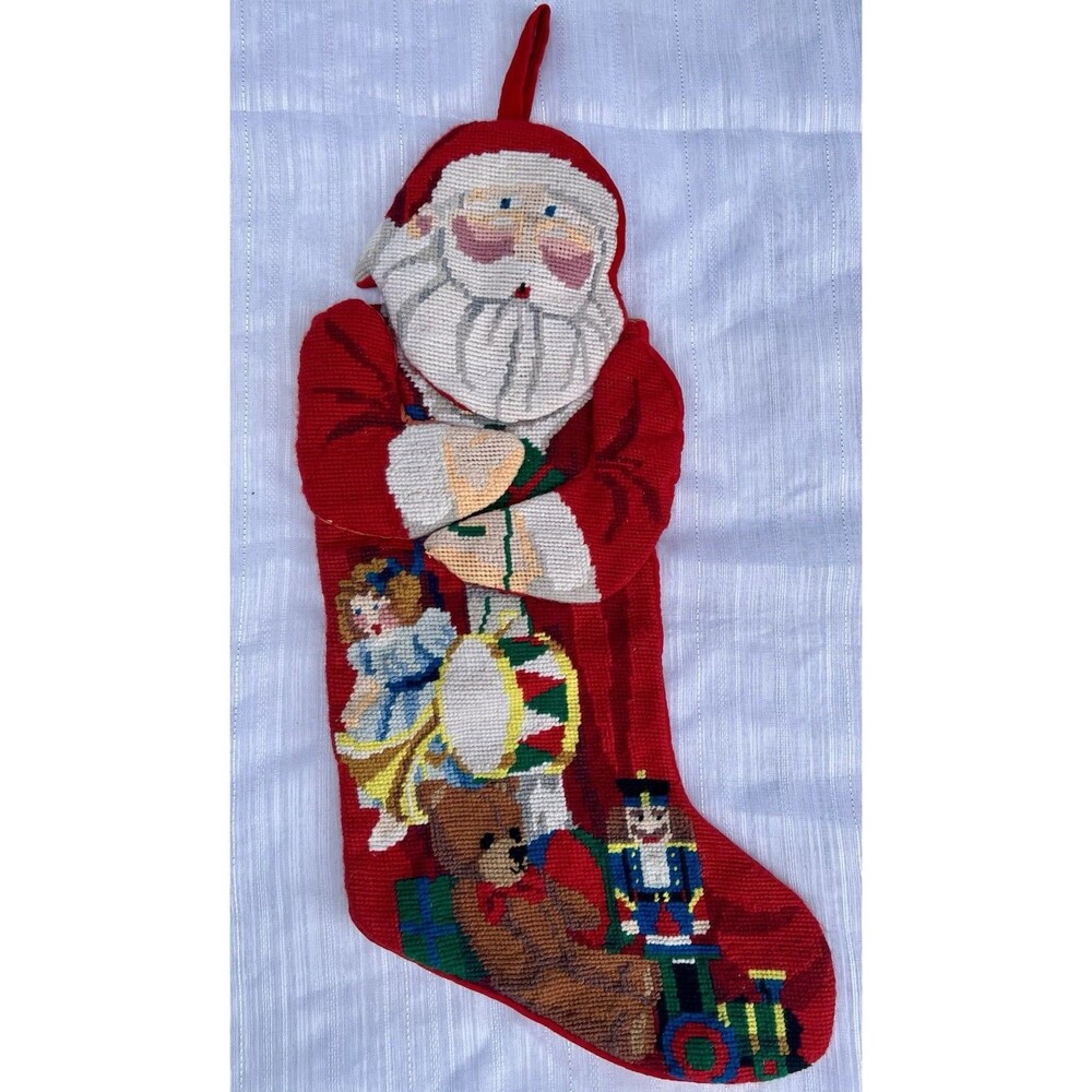 Vintage 3D Santa Needlepoint Christmas Stocking Velvet Back Toys 22” Handmade